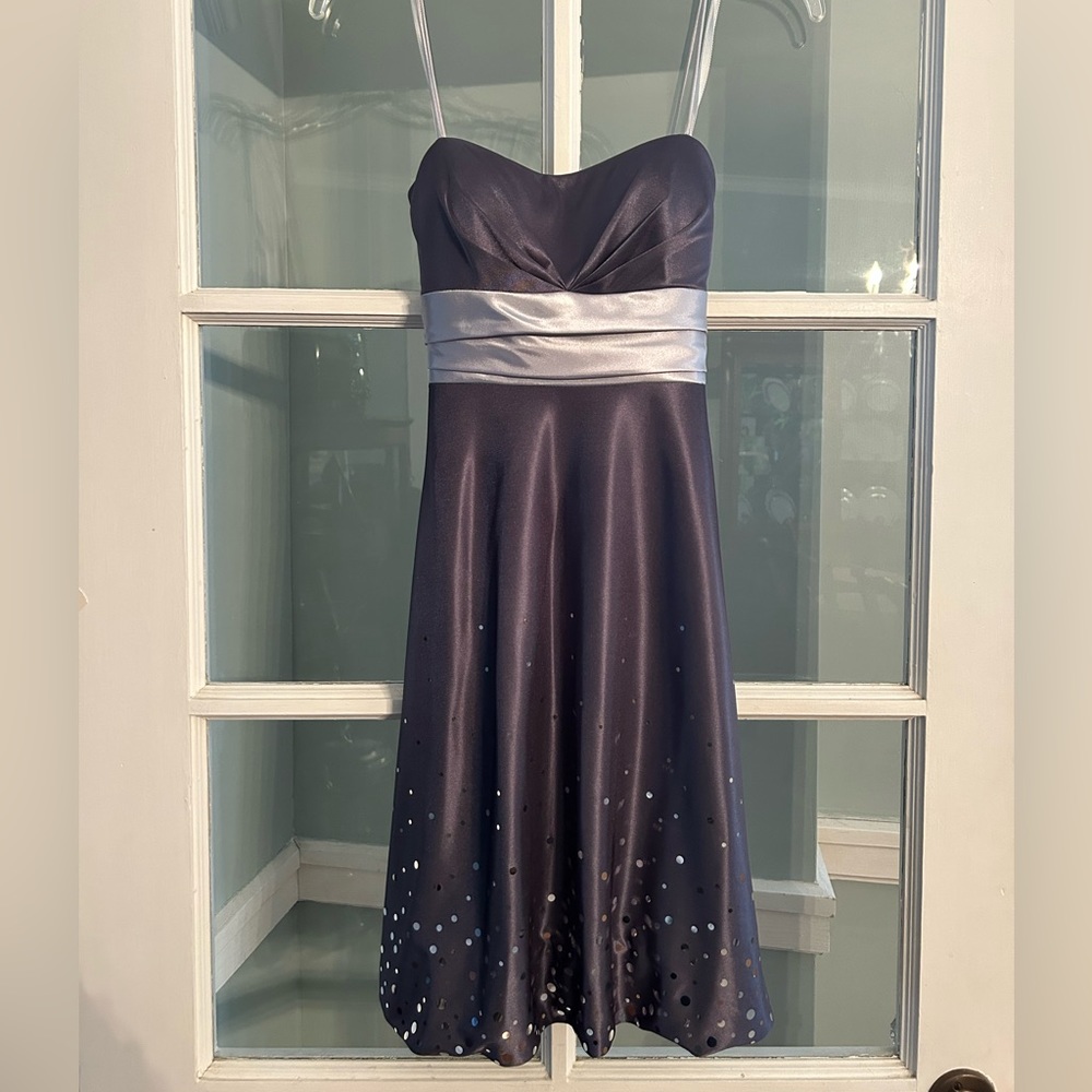 Dark grey with sliver waist band and polka dots